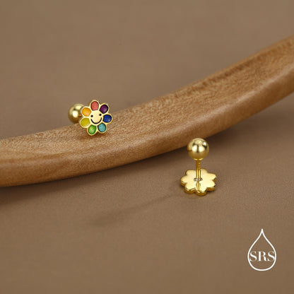 Sterling Silver Rainbow Flower 18G Screw Back Earrings with Ball Backs