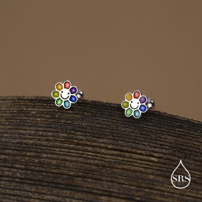 Sterling Silver Rainbow Flower 16G Flat Back Earrings Internally Threaded