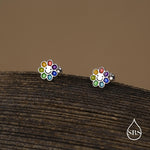 Sterling Silver Rainbow Flower 18G Screw Back Earrings with Ball Backs
