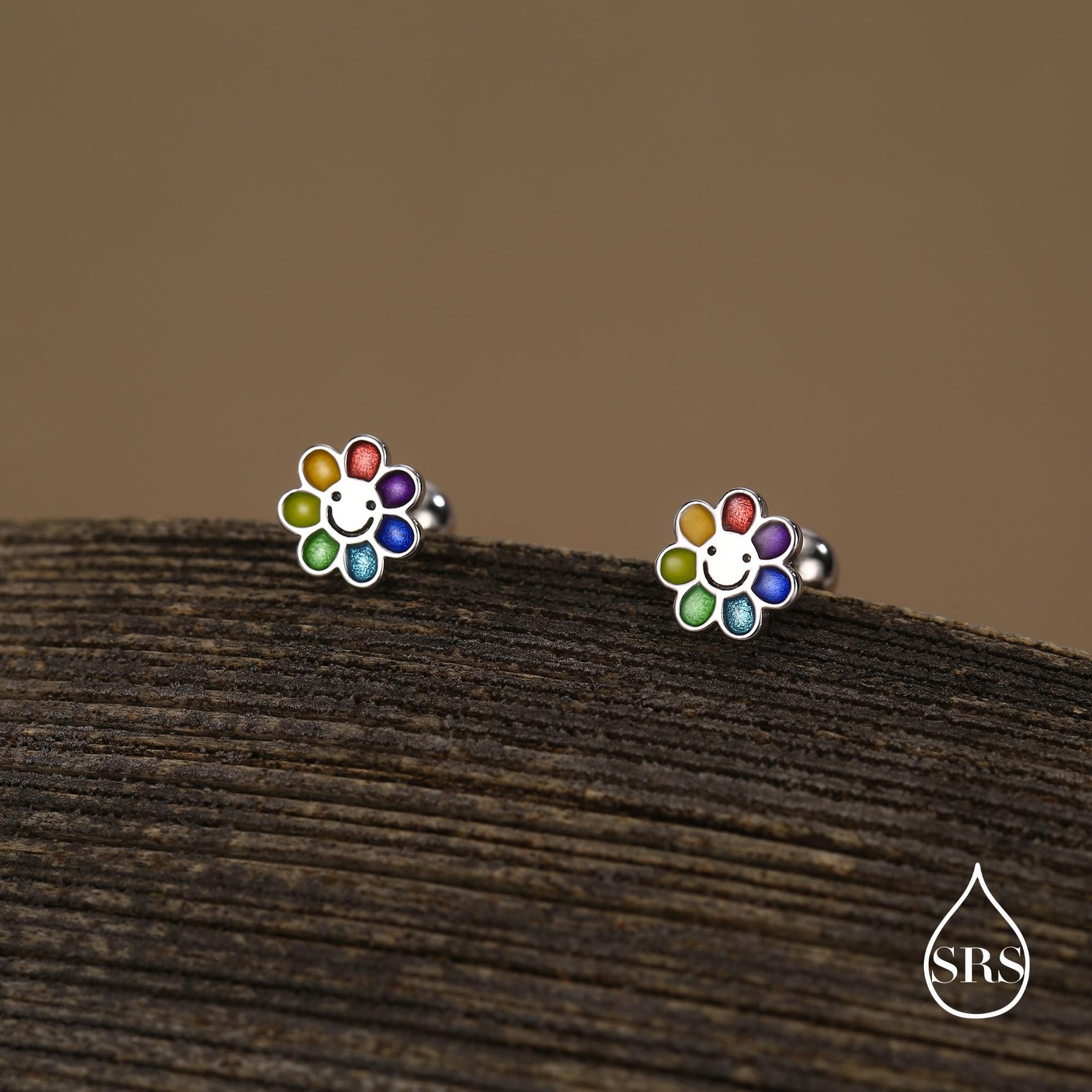 Rainbow Smiley Flower 16G Flat Back Stud Earrings
