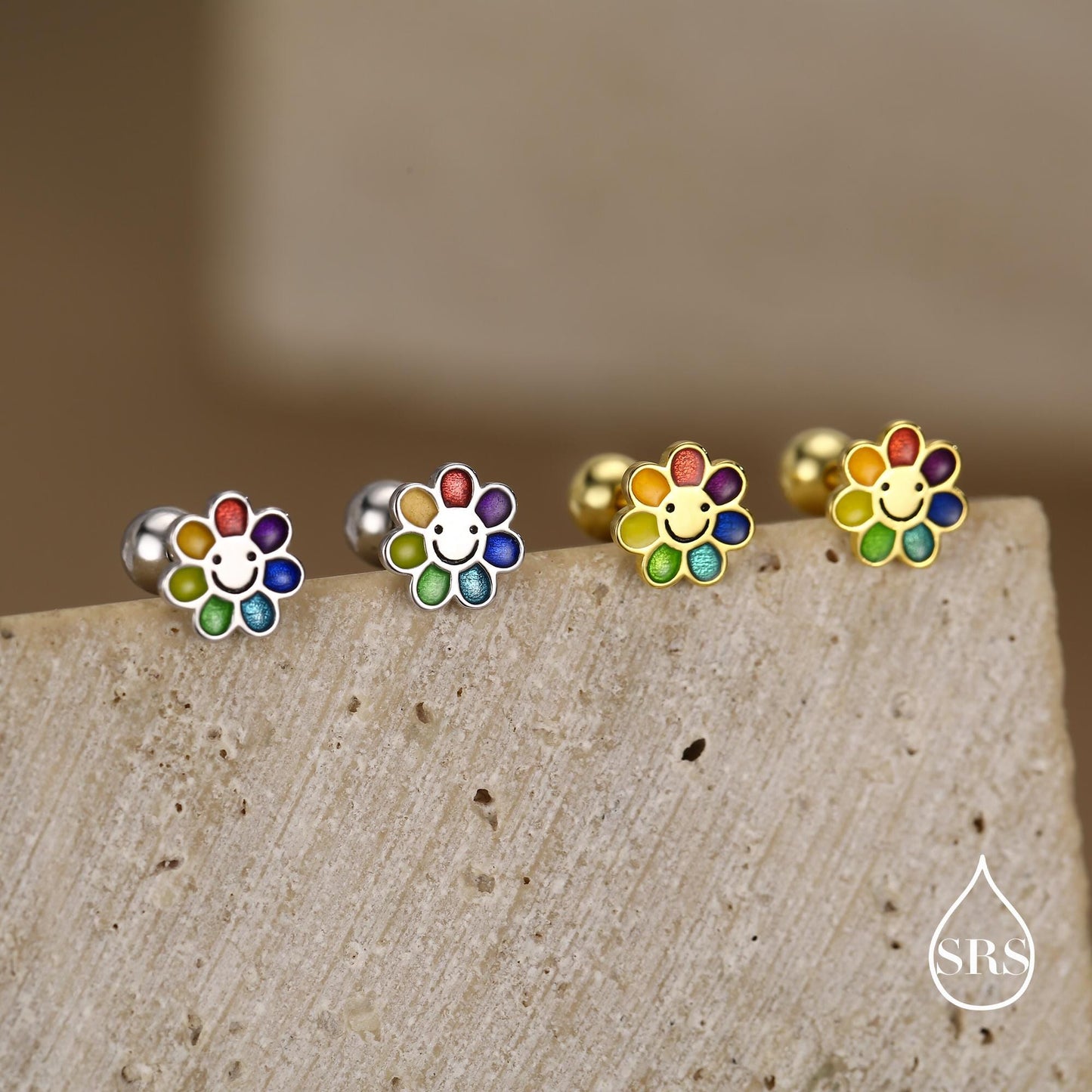 Sterling Silver Rainbow Flower 18G Screw Back Earrings with Ball Backs