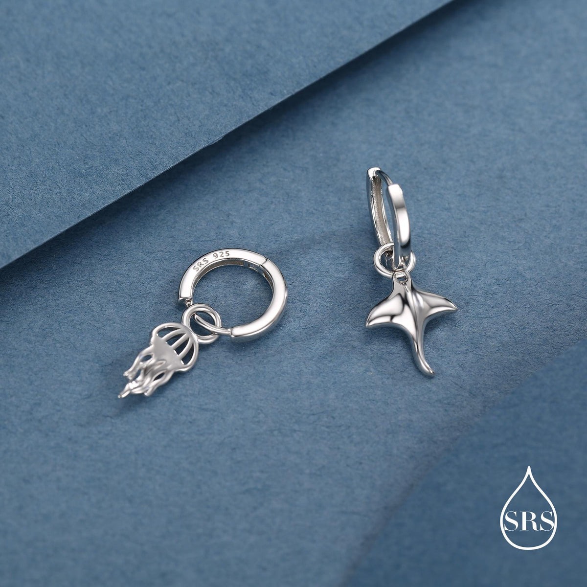 Mismatched Manta Ray Fish and Jellyfish Huggie Hoop Earrings, Asymmetric Stingray and Jellyfish Dangle Hoop Earrings, Fish Dangle Earrings