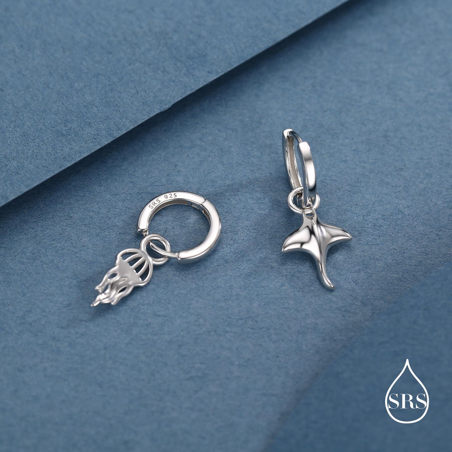 Mismatched Manta Ray Fish and Jellyfish Huggie Hoop Earrings, Asymmetric Stingray and Jellyfish Dangle Hoop Earrings, Fish Dangle Earrings