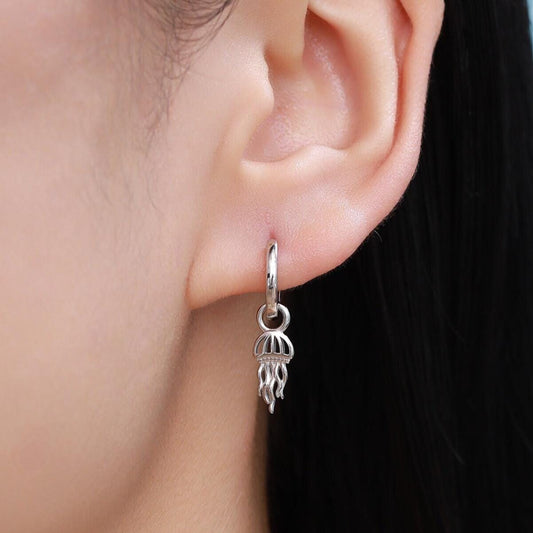 Sterling Silver Jellyfish Dangle Huggie Hoops, Detachable Jellyfish Hoop Earrings, Dainty Dangle Earrings, Fish Earrings, Ocean Animal
