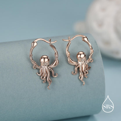 Sterling Silver Octopus Charm Hoop Earrings