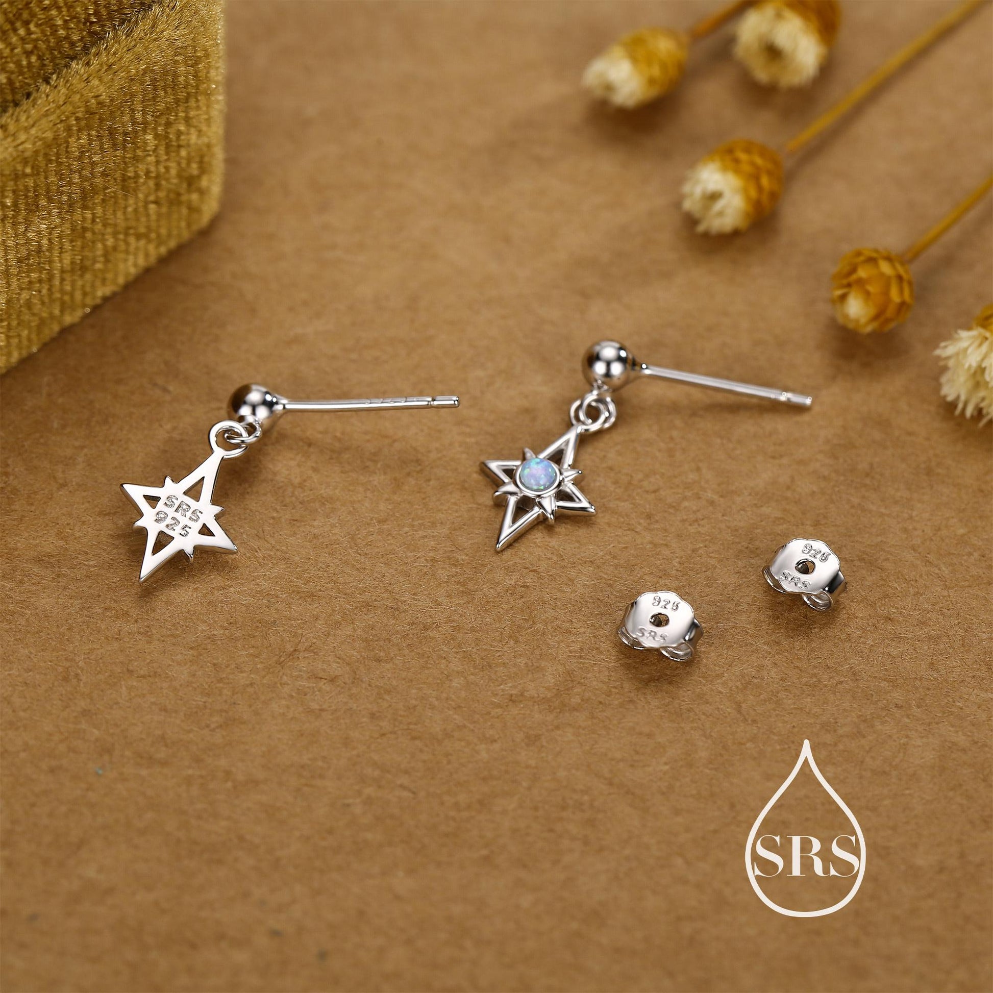 Sterling Silver Opal Star Drop Stud Earrings