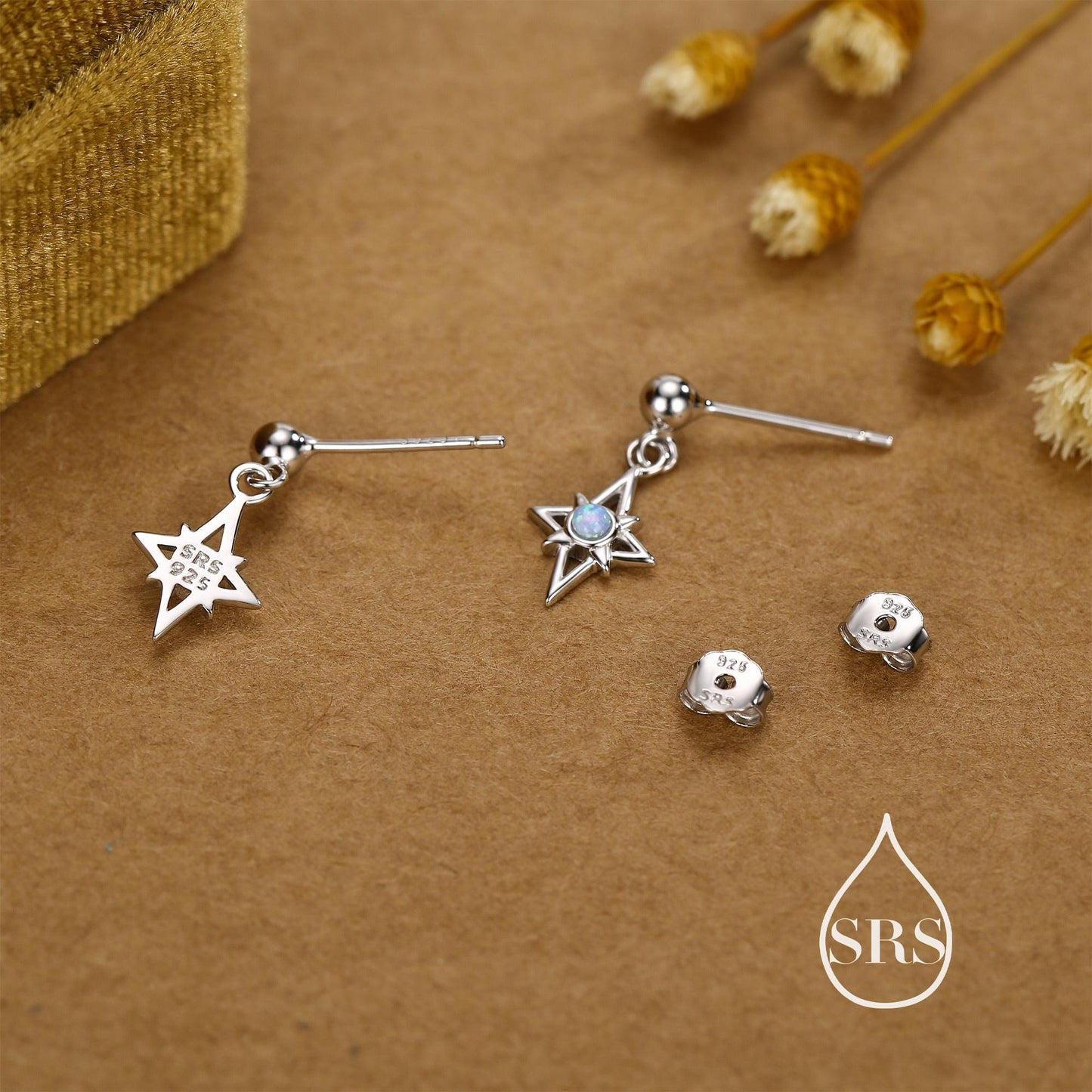 Sterling Silver Opal Star Drop Stud Earrings