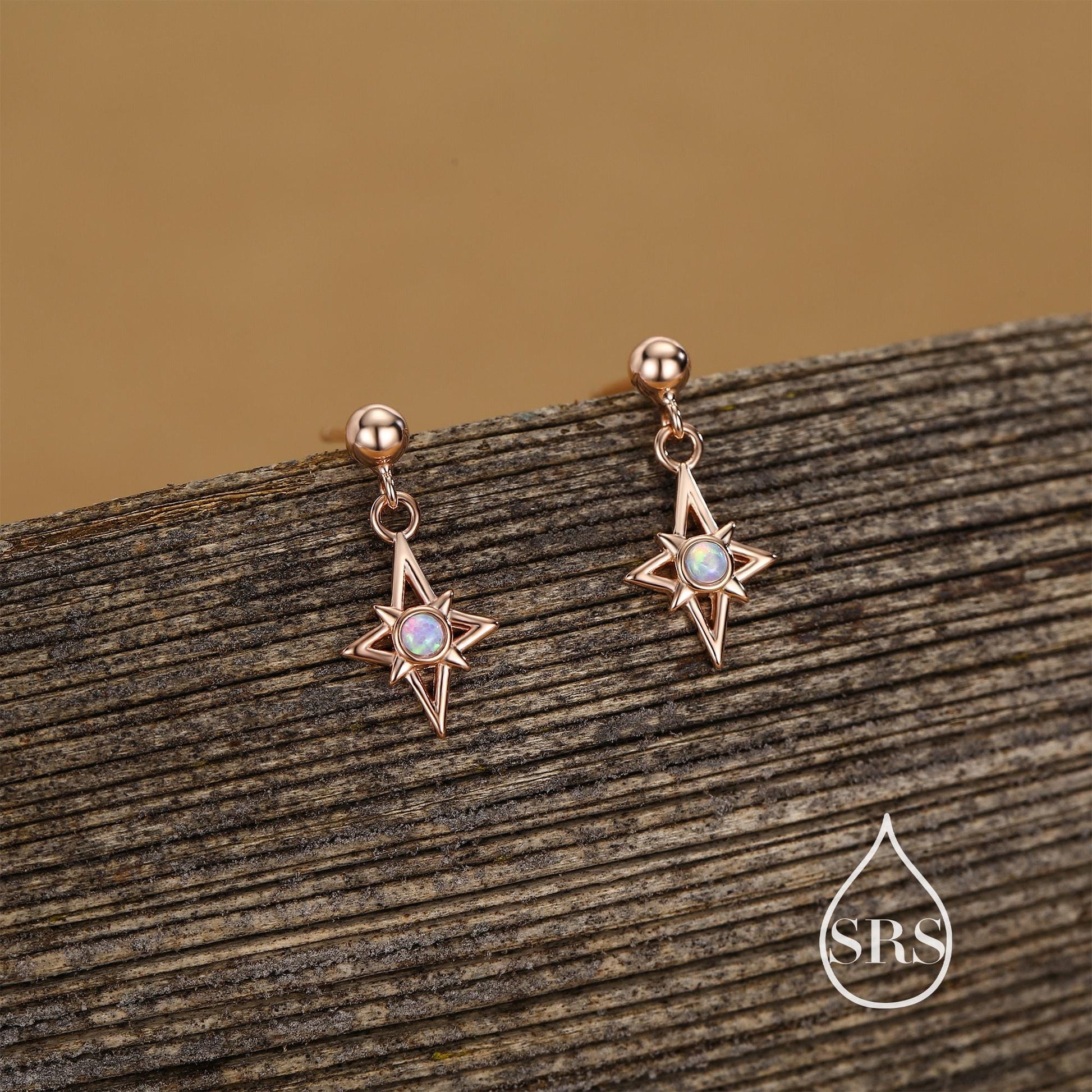 Sterling Silver Opal Star Drop Stud Earrings