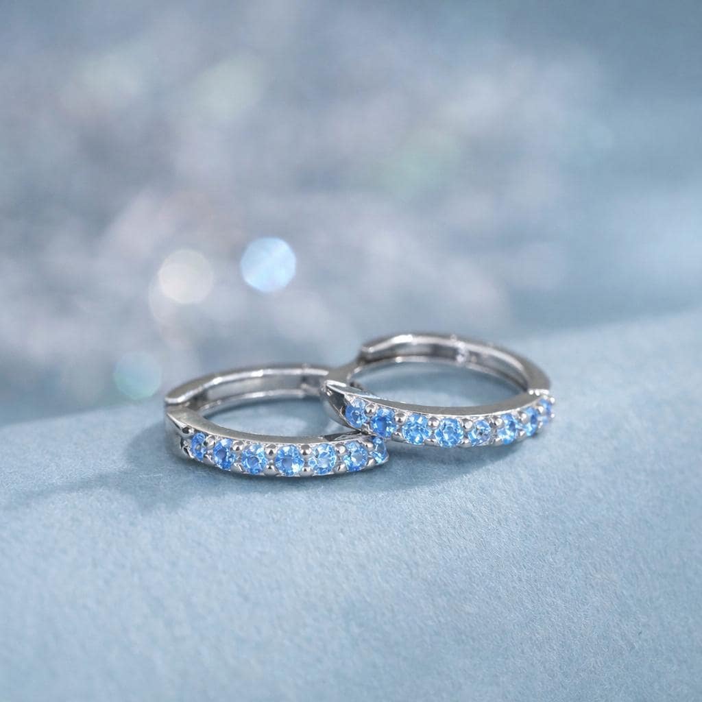Aquamarine Blue CZ Huggie Hoop in Sterling Silver, 8mm Inner Diameter, Stacking Earrings, March Birthstone
