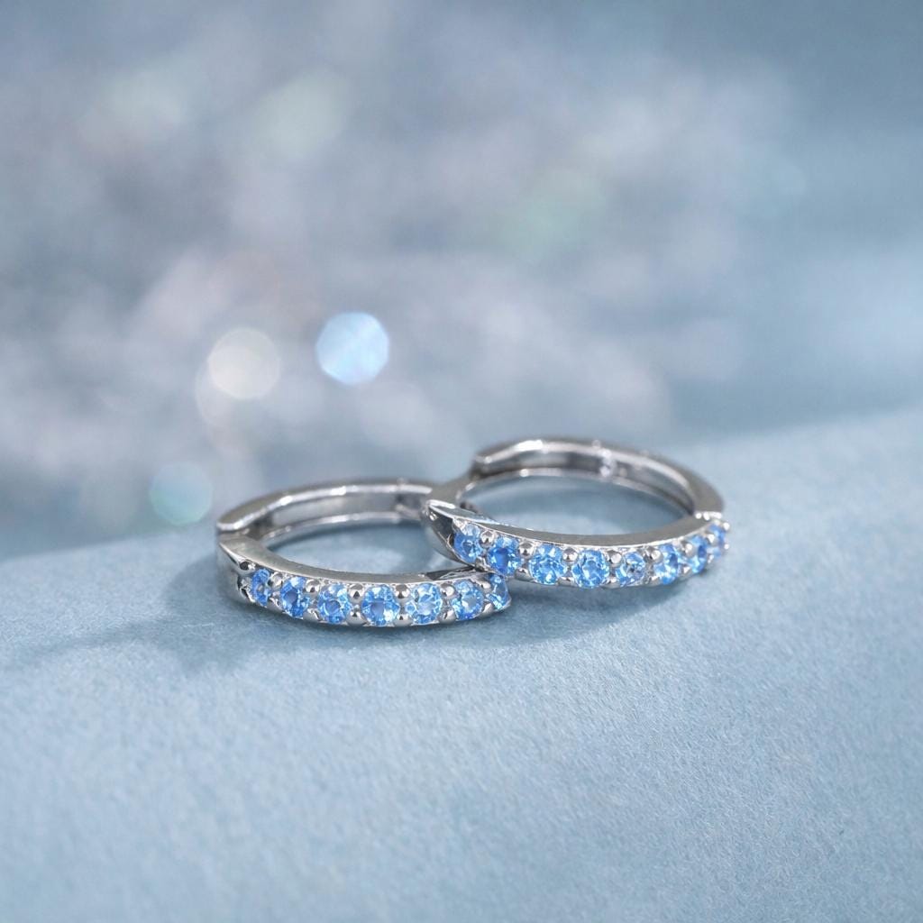 Aquamarine Blue CZ Huggie Hoop in Sterling Silver, 8mm Inner Diameter, Stacking Earrings, March Birthstone