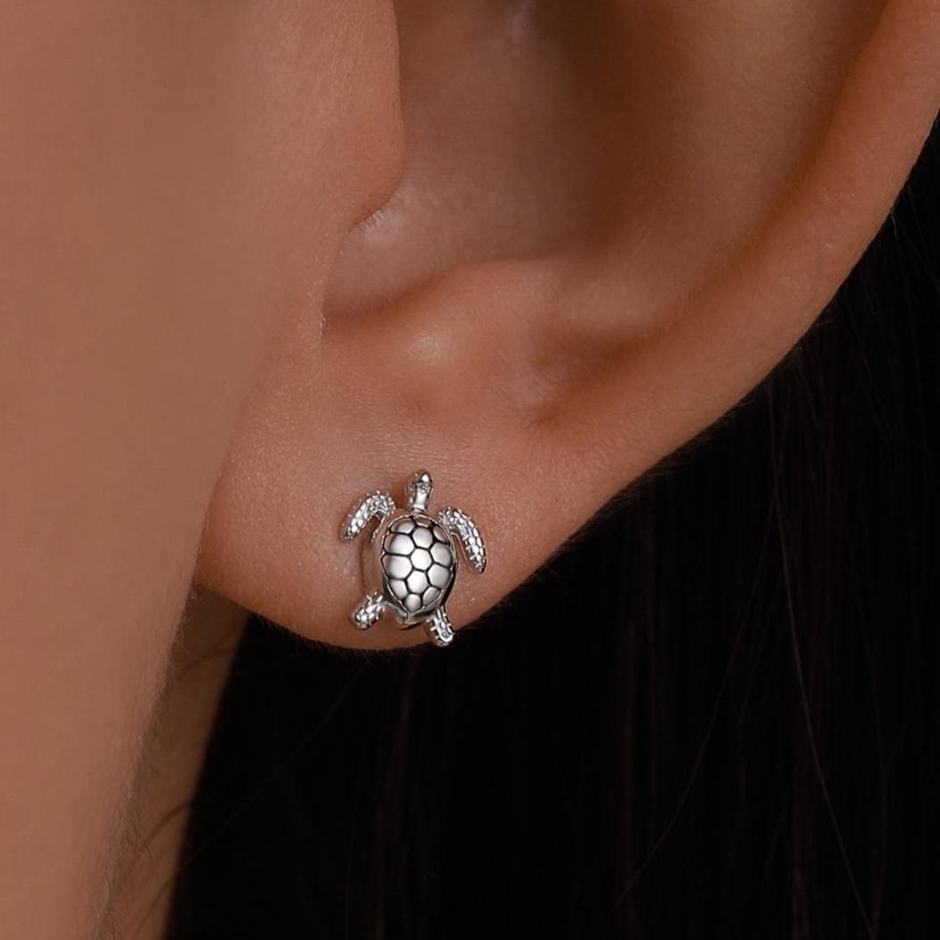 Turtle 16G Internally Threaded Flat Back Earrings in Sterling Silver, Animal Earrings