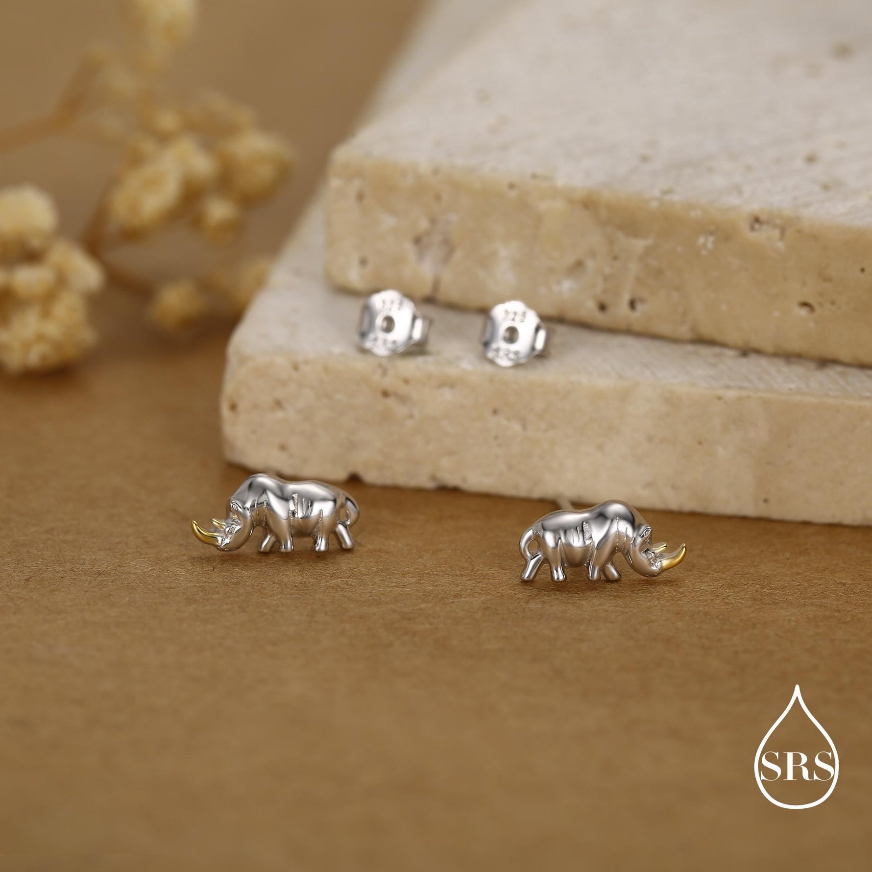 Rhino Stud Earrings in Sterling Silver, Rhinoceros Stud, Safari Earrings, Africa, Nature Inspired, Two Tone Earrings