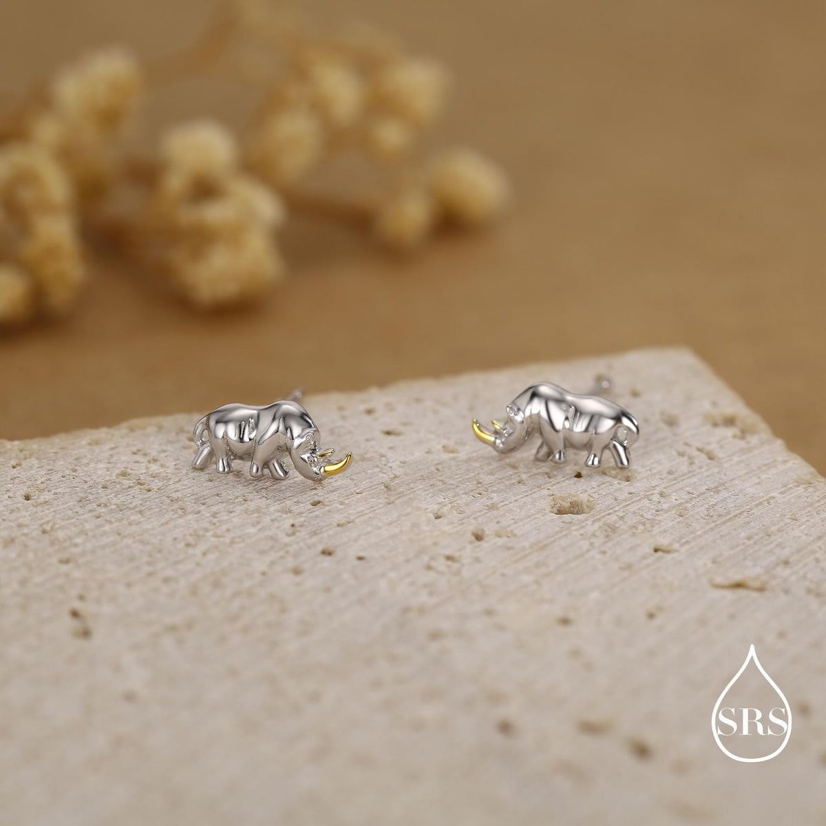 Rhino Stud Earrings in Sterling Silver, Rhinoceros Stud, Safari Earrings, Africa, Nature Inspired, Two Tone Earrings