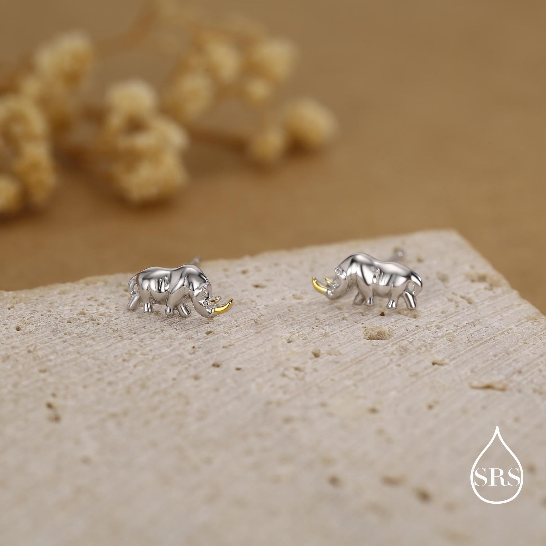 Rhino Stud Earrings in Sterling Silver, Rhinoceros Stud, Safari Earrings, Africa, Nature Inspired, Two Tone Earrings