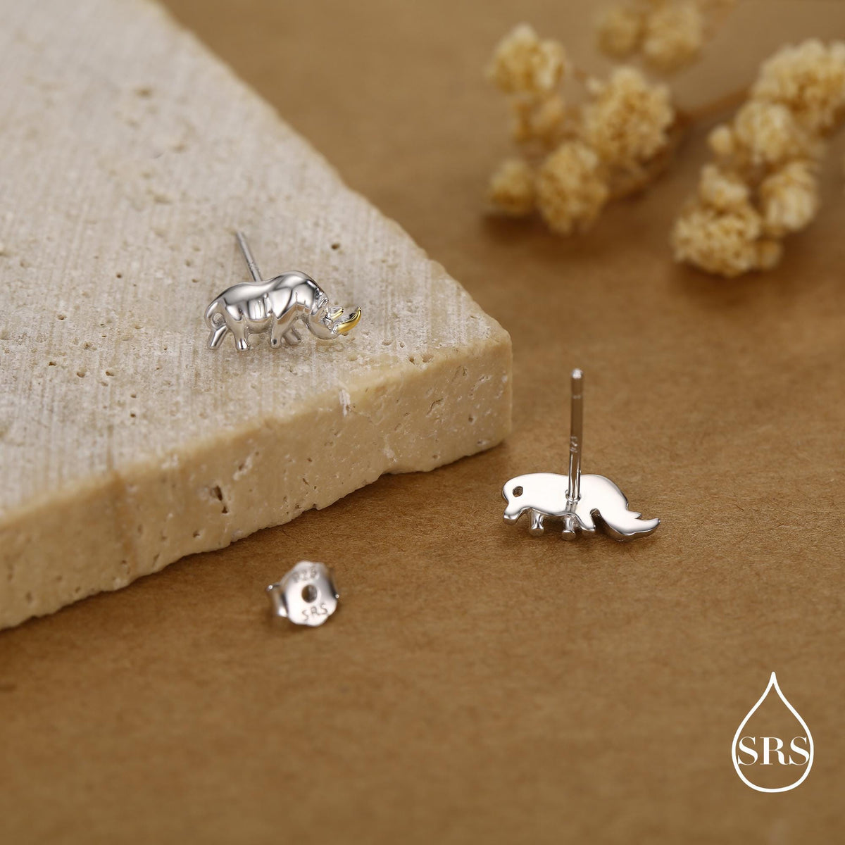 Rhino Stud Earrings in Sterling Silver, Rhinoceros Stud, Safari Earrings, Africa, Nature Inspired, Two Tone Earrings