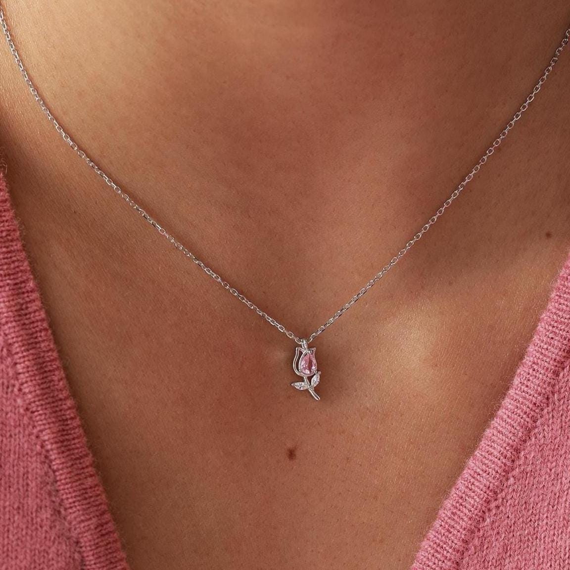 Tiny CZ Tulip Flower Pendant Necklace in Sterling Silver, Silver or Gold or Rose Gold, CZ Flower Necklace, CZ Floral Necklace