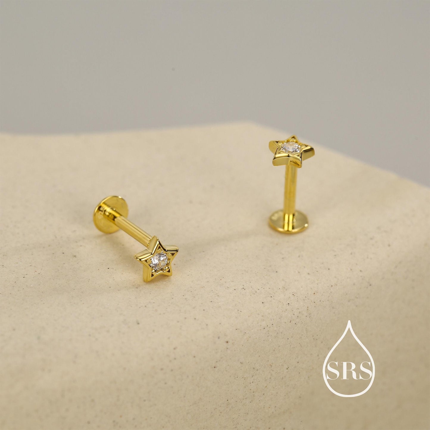 Sterling Silver Tiny CZ Star 16g Flat Back Stud Earrings UK