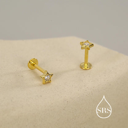 Sterling Silver Tiny CZ Star 16g Flat Back Stud Earrings UK