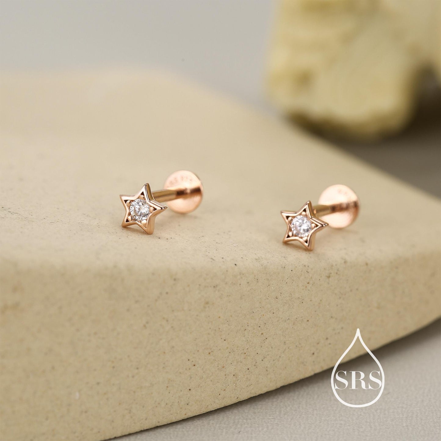 Sterling Silver Tiny CZ Star 16g Flat Back Stud Earrings UK