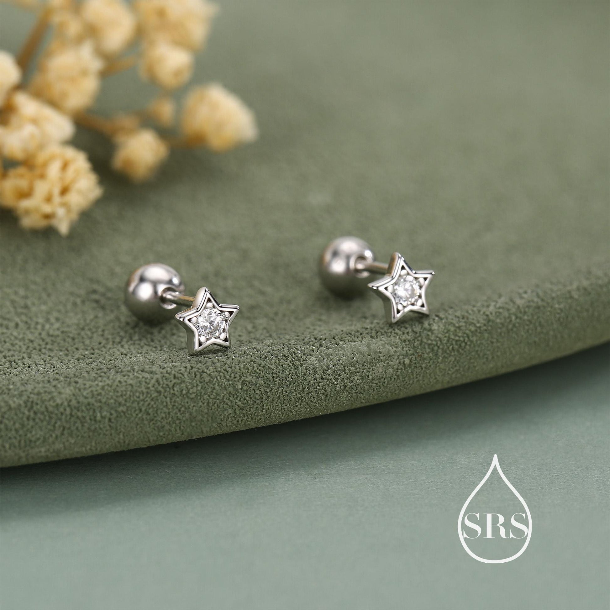 Sterling Silver CZ Star 18g Ball Back Screw Back Earrings