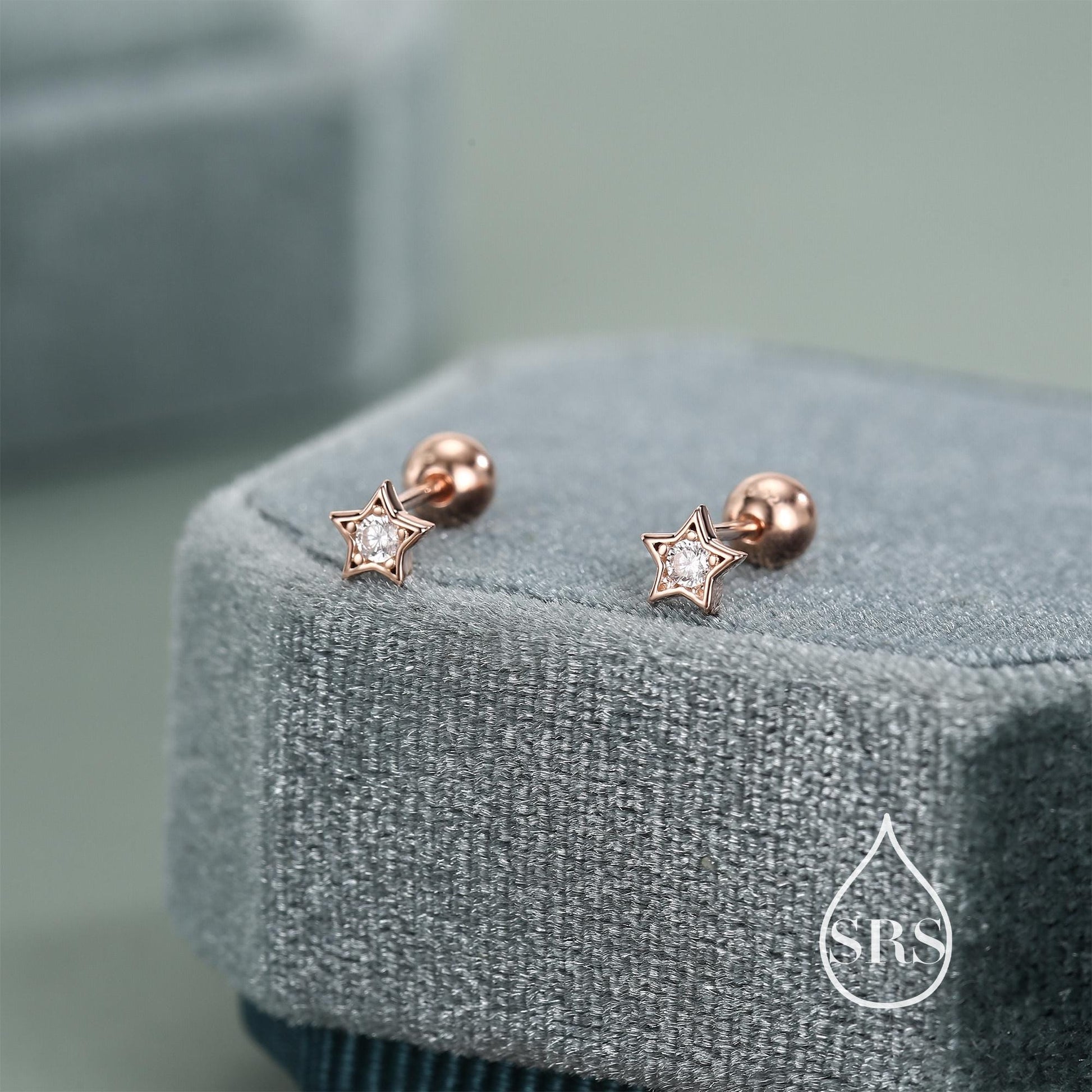 Sterling Silver CZ Star 18g Ball Back Screw Back Earrings