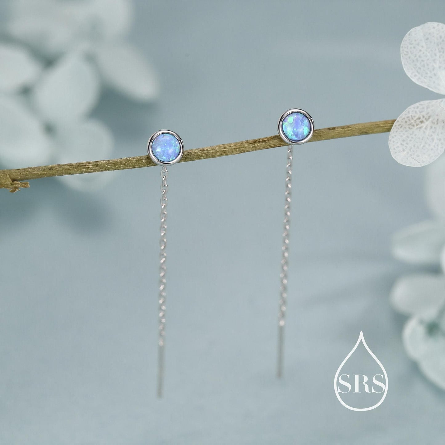 Blue Opal Dot Threader Earrings in Sterling Silver, Lab Opal Ear Threaders, Silver or Gold, Opal Threaders, Chain Earrings