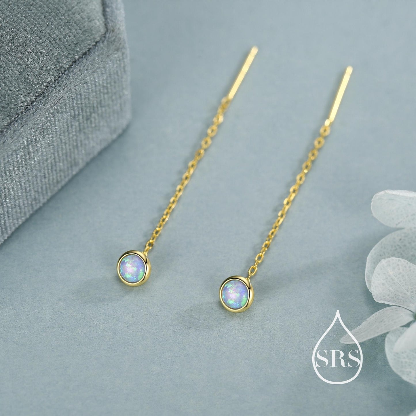 Blue Opal Dot Threader Earrings in Sterling Silver, Lab Opal Ear Threaders, Silver or Gold, Opal Threaders, Chain Earrings