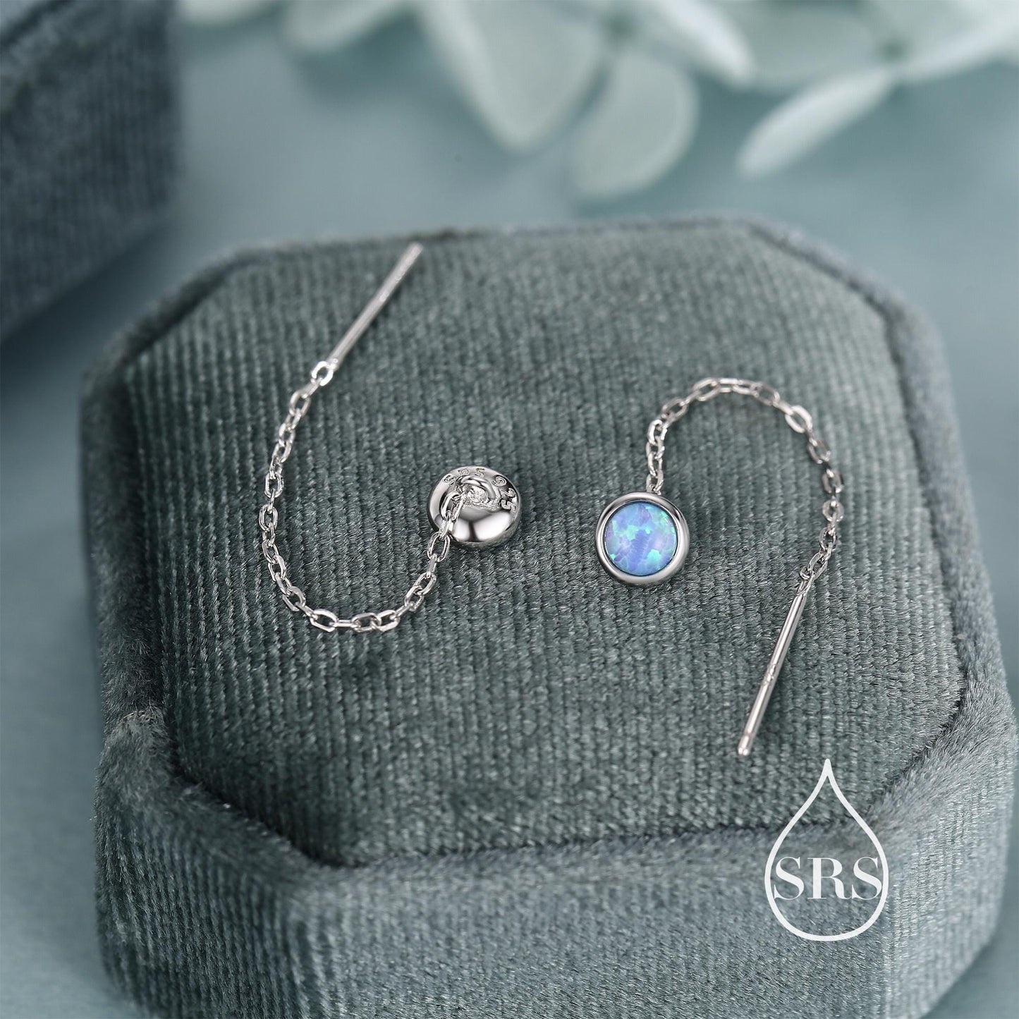 Blue Opal Dot Threader Earrings in Sterling Silver, Lab Opal Ear Threaders, Silver or Gold, Opal Threaders, Chain Earrings