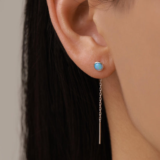 Blue Opal Dot Threader Earrings in Sterling Silver, Lab Opal Ear Threaders, Silver or Gold, Opal Threaders, Chain Earrings