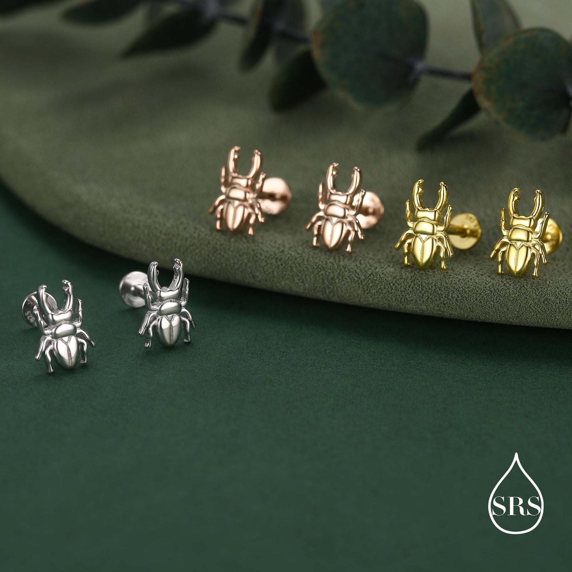 Sterling Silver Stag Beetle 16g Flat Back Stud Earrings