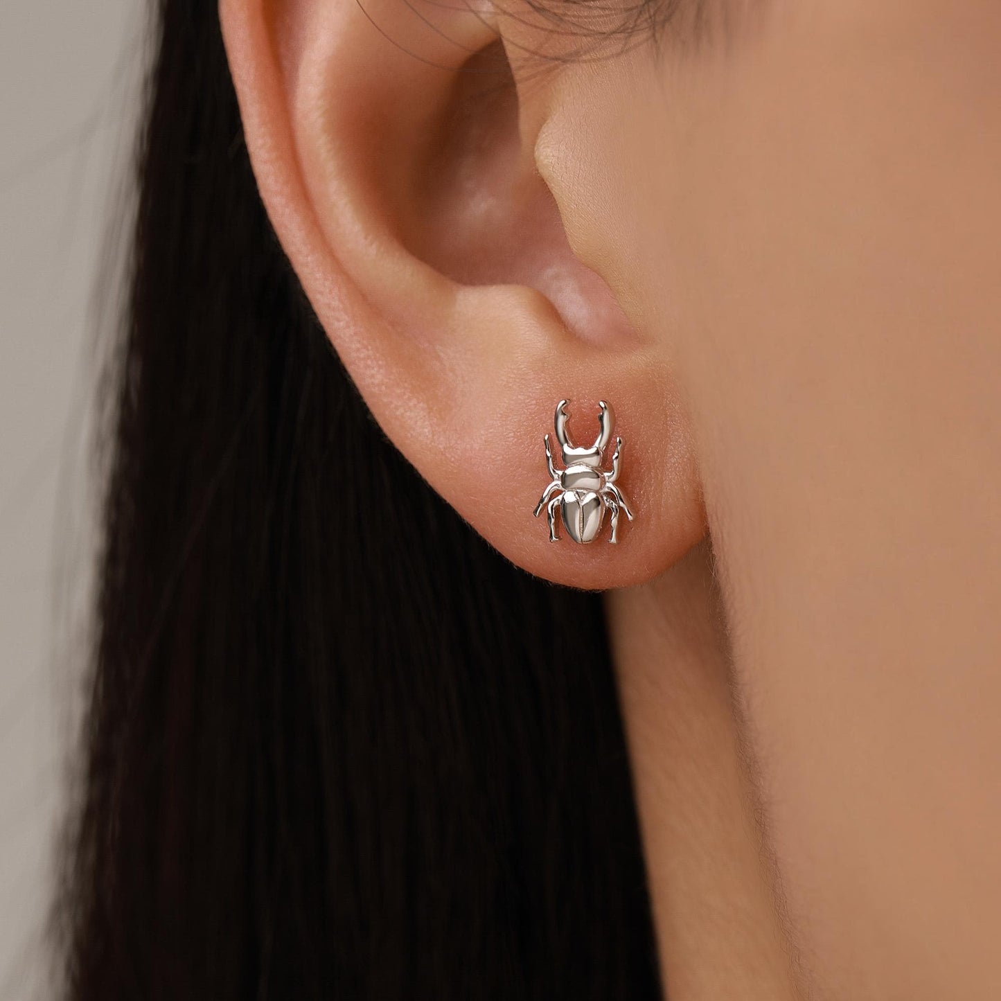Sterling Silver Stag Beetle 16g Flat Back Stud Earrings