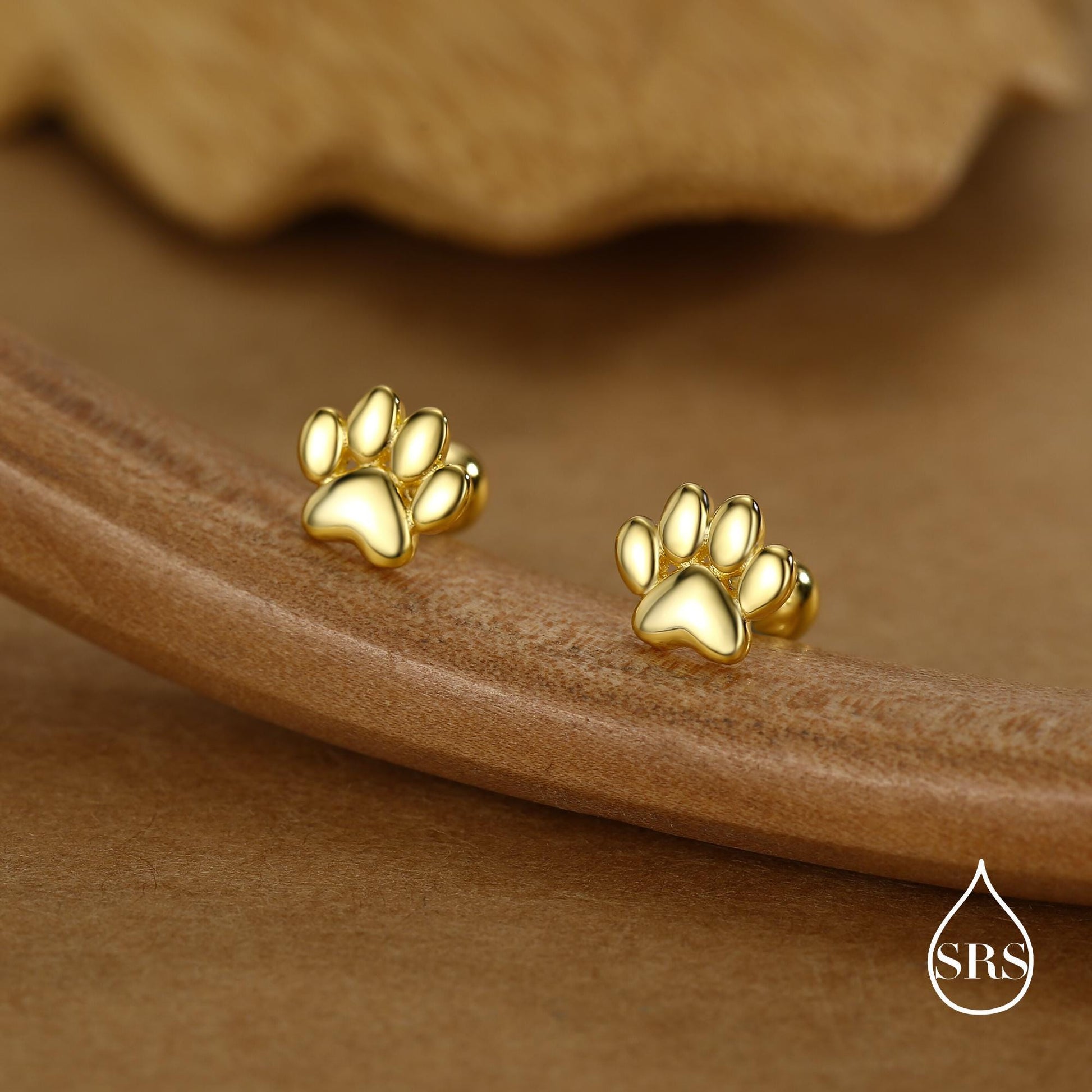Sterling Silver Paw Print Screw Back Stud Earrings