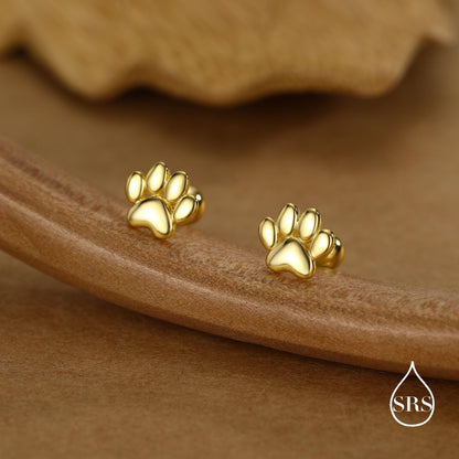 Sterling Silver Paw Print Screw Back Stud Earrings