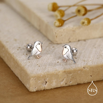 Sterling Silver Robin 18G Screw Back Stud Earrings
