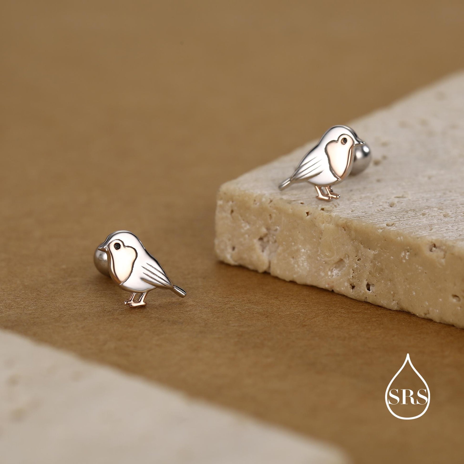 Sterling Silver Robin 18G Screw Back Stud Earrings