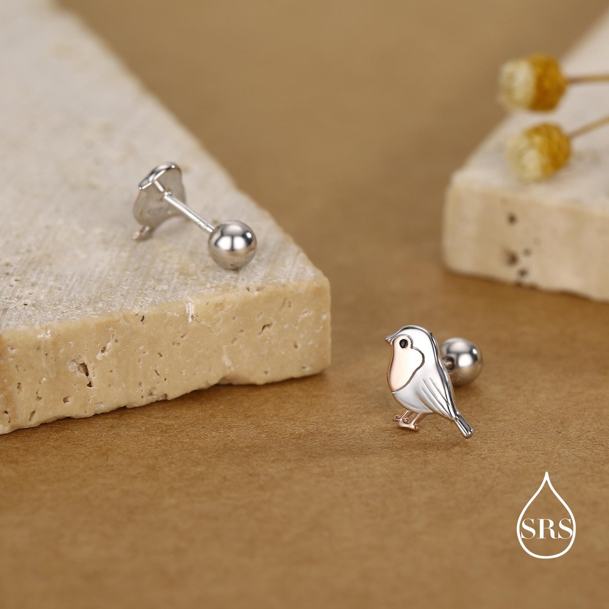 Sterling Silver Robin 18G Screw Back Stud Earrings