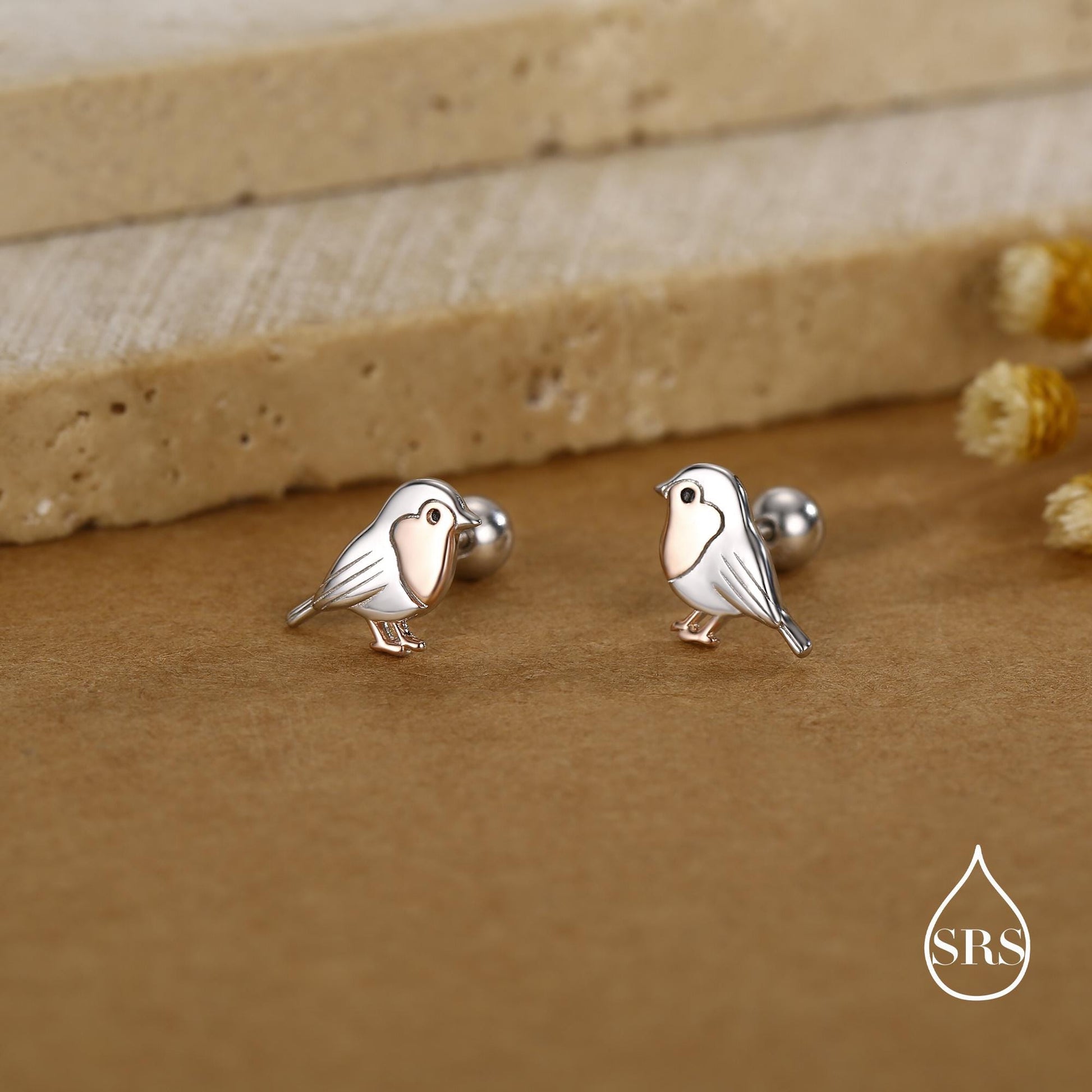 Sterling Silver Robin 18G Screw Back Stud Earrings