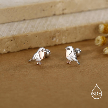 Sterling Silver Robin 18G Screw Back Stud Earrings