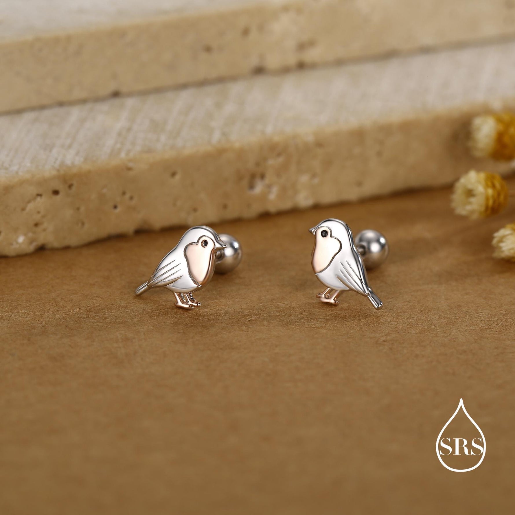 Sterling Silver Robin 18G Screw Back Stud Earrings