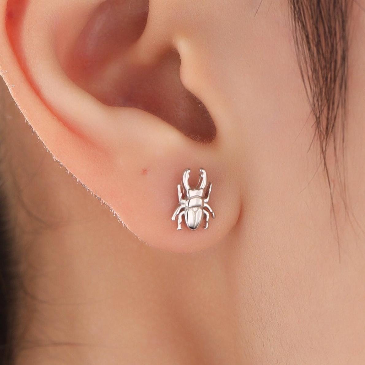 Mismatched Stag Beetle Stud Earrings in Sterling Silver, Silver, Gold or Rose Gold, Asymmetric Beetle Earrings, Bugs Earrings,