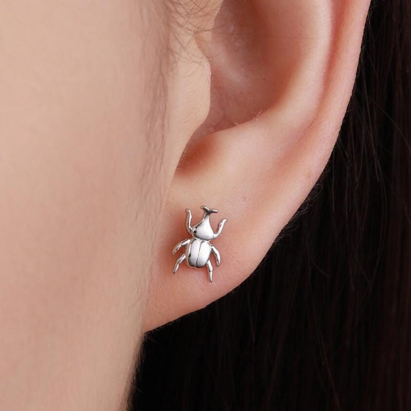Tiny Mismatched Little Stag Beetle Stud Earrings in Sterling Silver, Silver or Gold, Asymmetric Beetle Earrings, Bugs Earrings, Bugs Stud