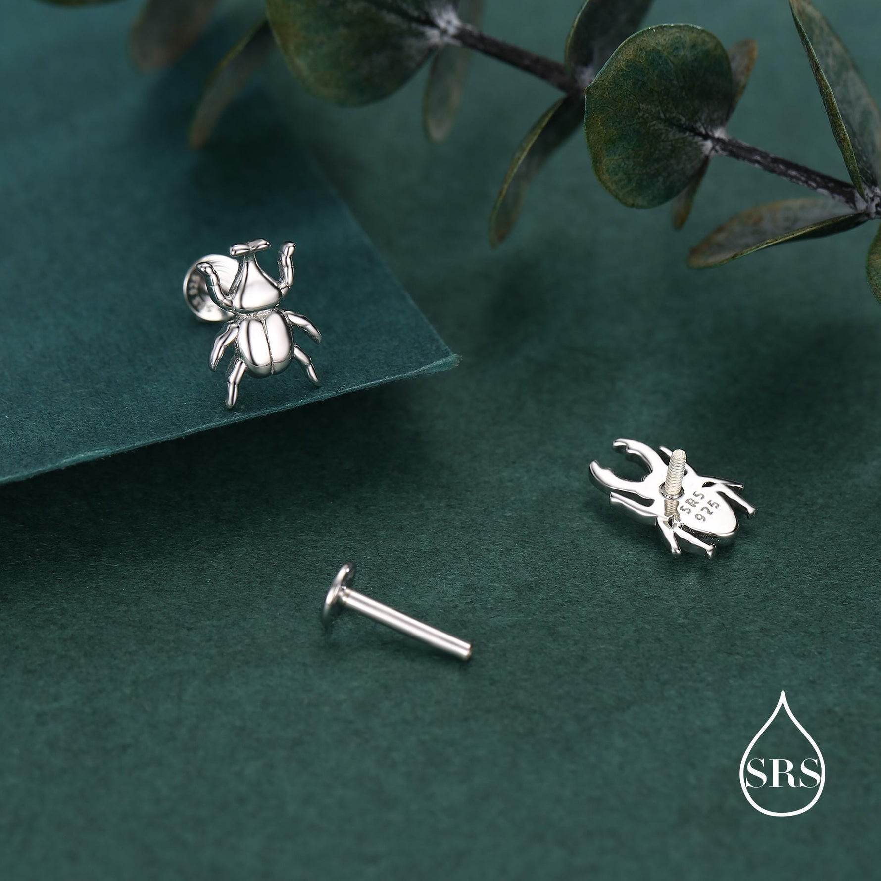 Sterling Silver Mismatched Beetle 16g Flat Back Stud Earrings