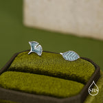 Mismatched Enamel Beech and Ginkgo Leaf Stud Earrings in Sterling Silver, Asymmetric Petite Beech Leaf Earrings, Nature Inspired