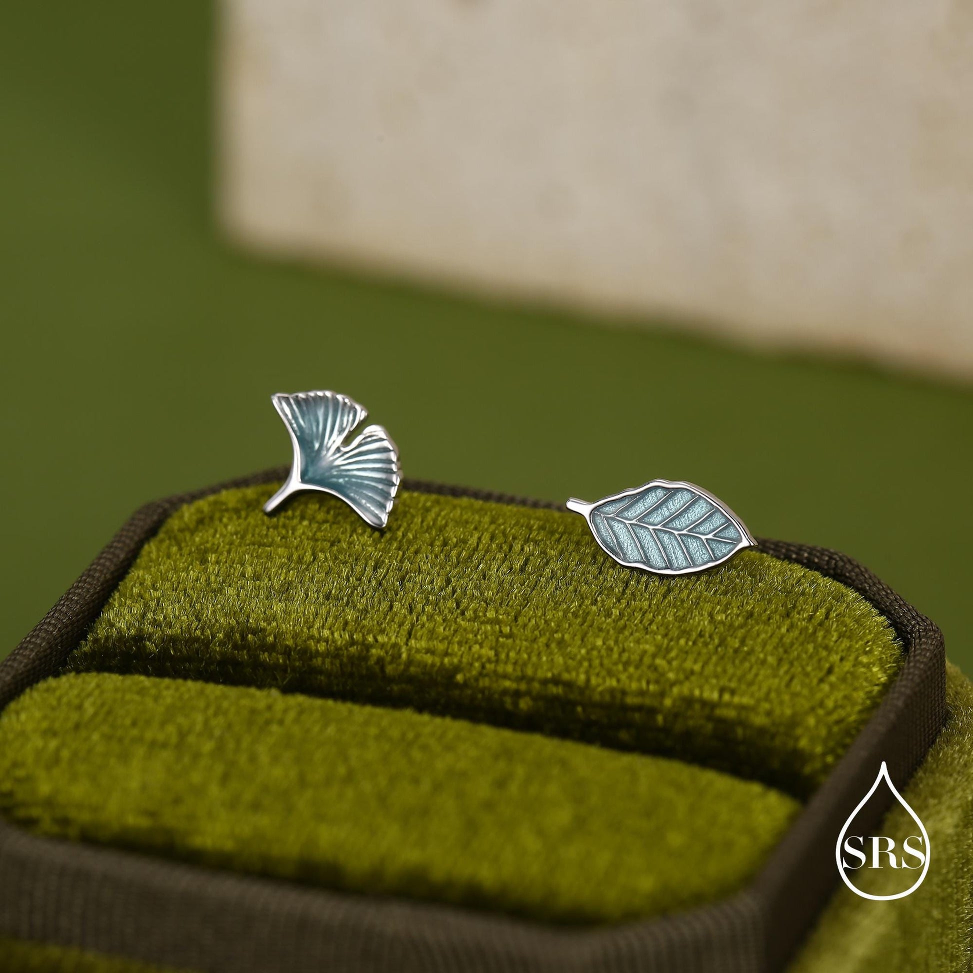 Mismatched Enamel Beech and Ginkgo Leaf Stud Earrings in Sterling Silver, Asymmetric Petite Beech Leaf Earrings, Nature Inspired