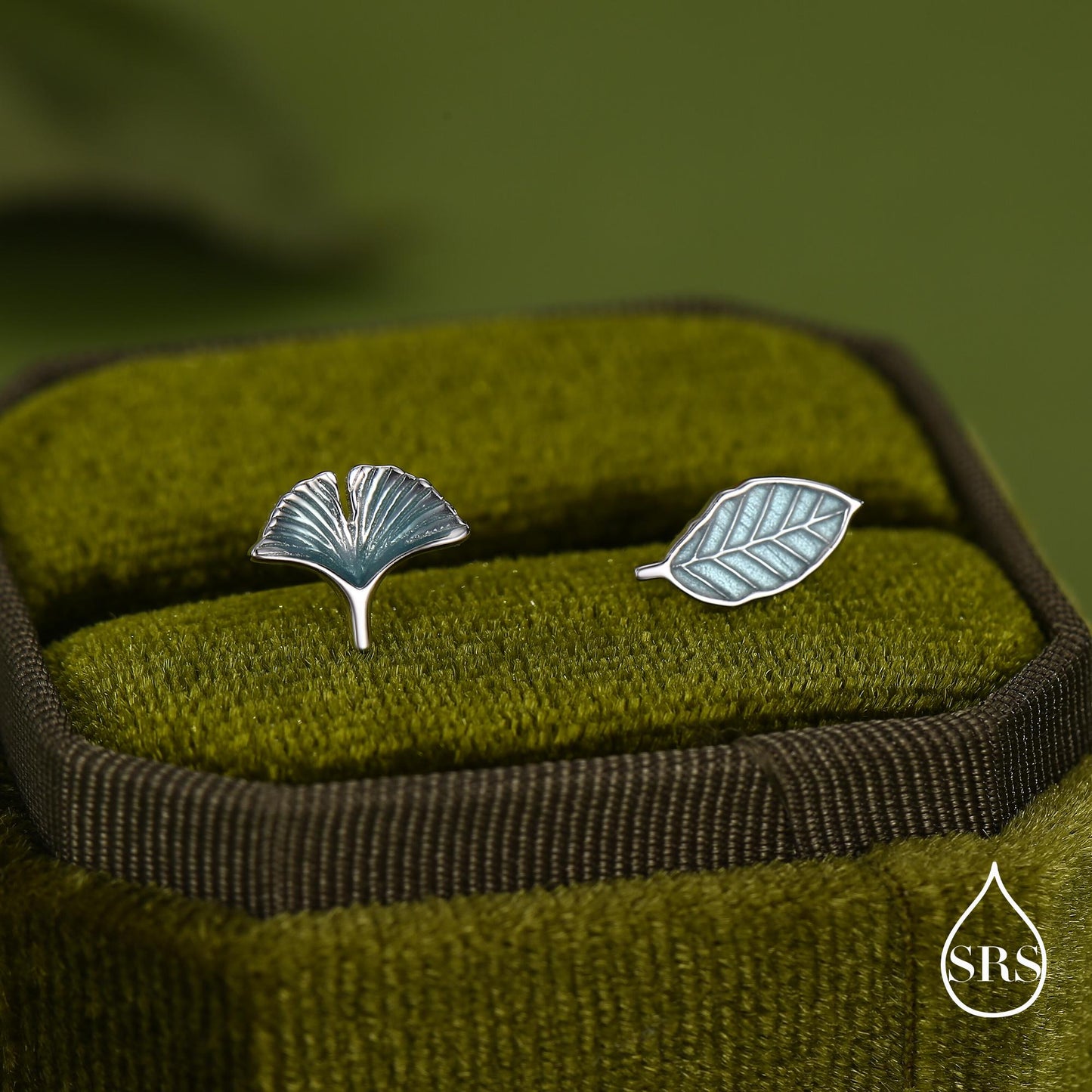 Mismatched Enamel Beech and Ginkgo Leaf Stud Earrings in Sterling Silver, Asymmetric Petite Beech Leaf Earrings, Nature Inspired