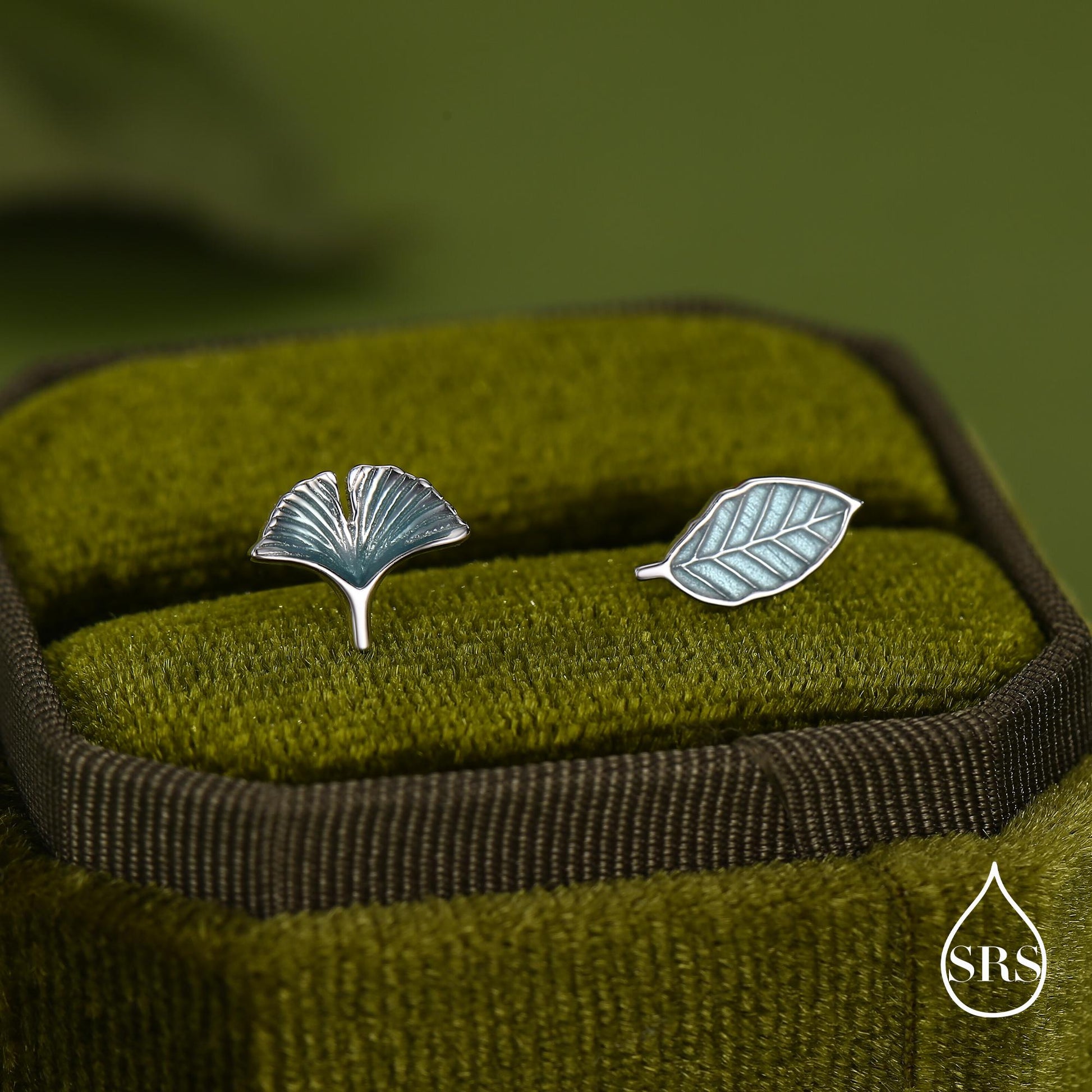 Mismatched Enamel Beech and Ginkgo Leaf Stud Earrings in Sterling Silver, Asymmetric Petite Beech Leaf Earrings, Nature Inspired