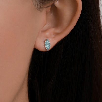 Mismatched Enamel Oak and Beech Leaf Stud Earrings in Sterling Silver, Asymmetric Beech and Acorn Leaf Earrings, Small Leaf Stud