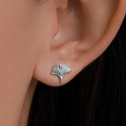 Enamel Ginkgo Leaf Stud Earrings in Sterling Silver, Petite Ginkgo Leaf Earrings, Small Ginkgo Leaf Stud, Nature Inspired