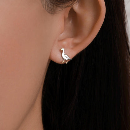 Sterling Silver Goose Stud Earrings with Gold Details, Bird Earrings