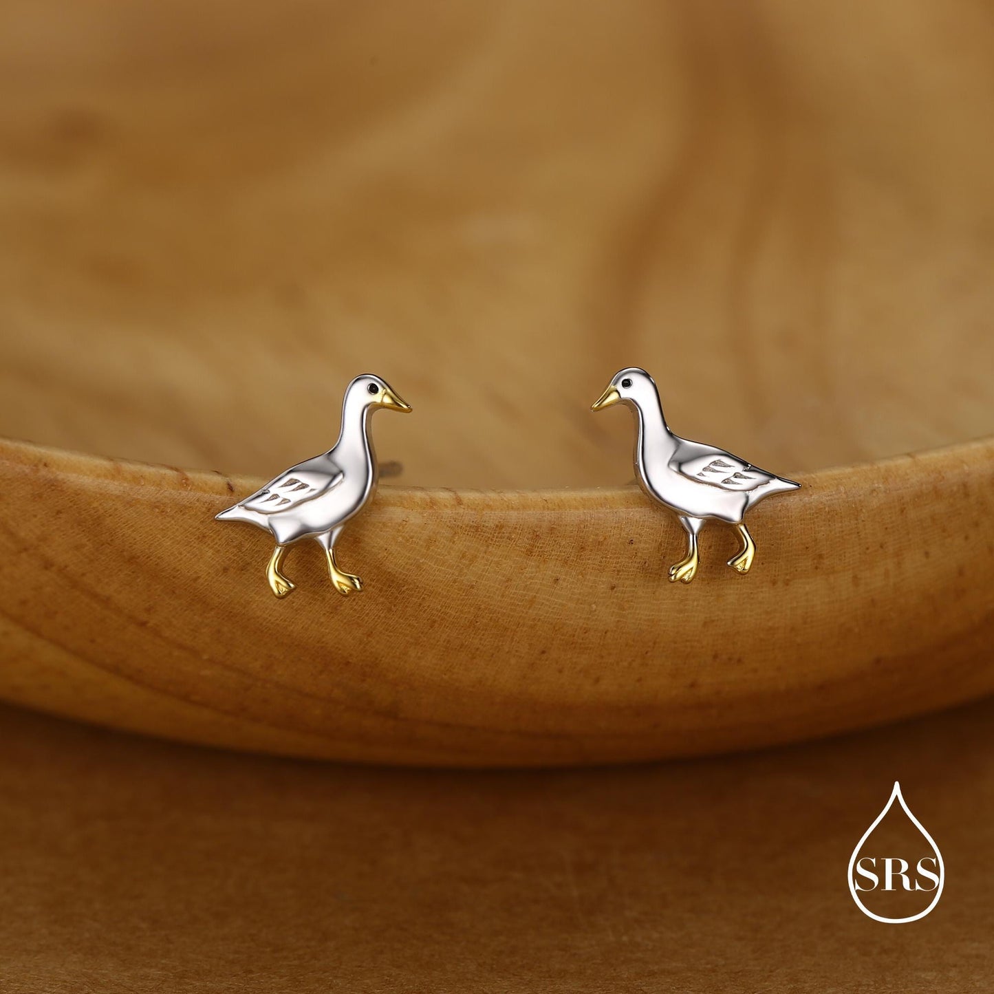 Sterling Silver Goose Stud Earrings with Gold Details, Bird Earrings